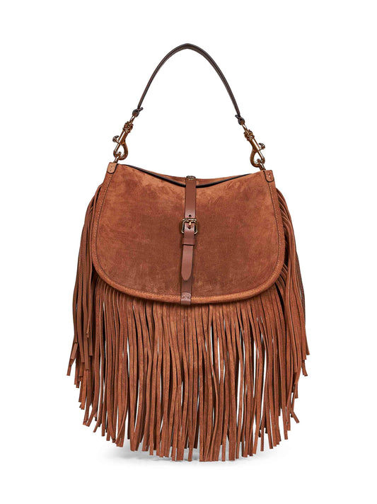 Camel medium Pony shoulder bag with fringes