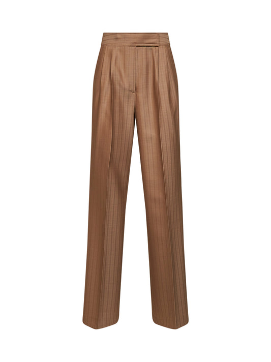 Camel striped wool jacquard double-pleat trousers