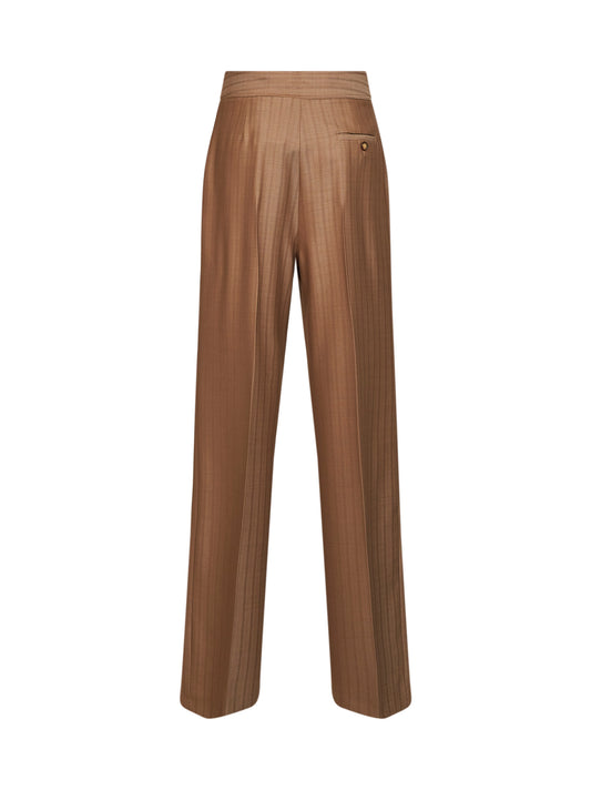 Camel striped wool jacquard double-pleat trousers