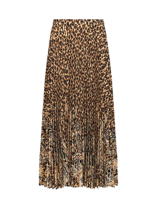 Beige printed stretch sablé long pleated skirt