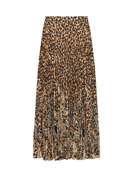 Beige printed stretch sablé long pleated skirt