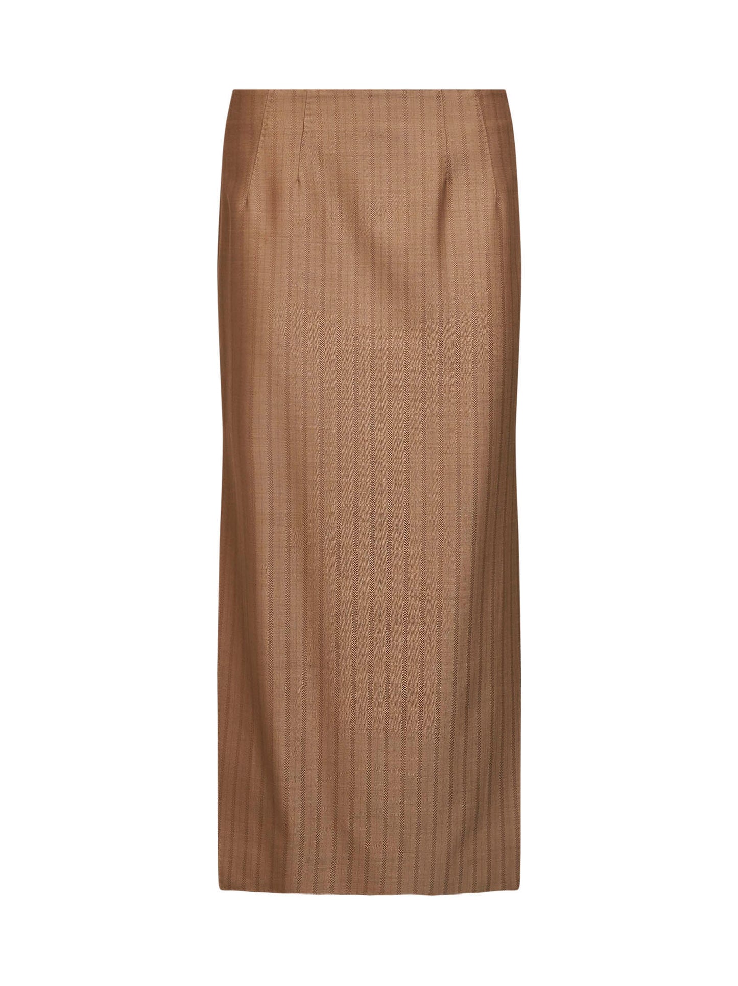 Camel striped wool jacquard straight midi skirt