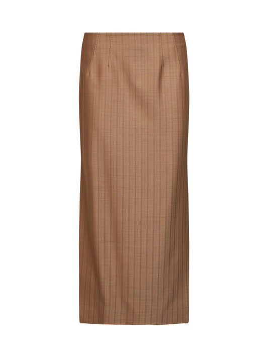 Camel striped wool jacquard straight midi skirt
