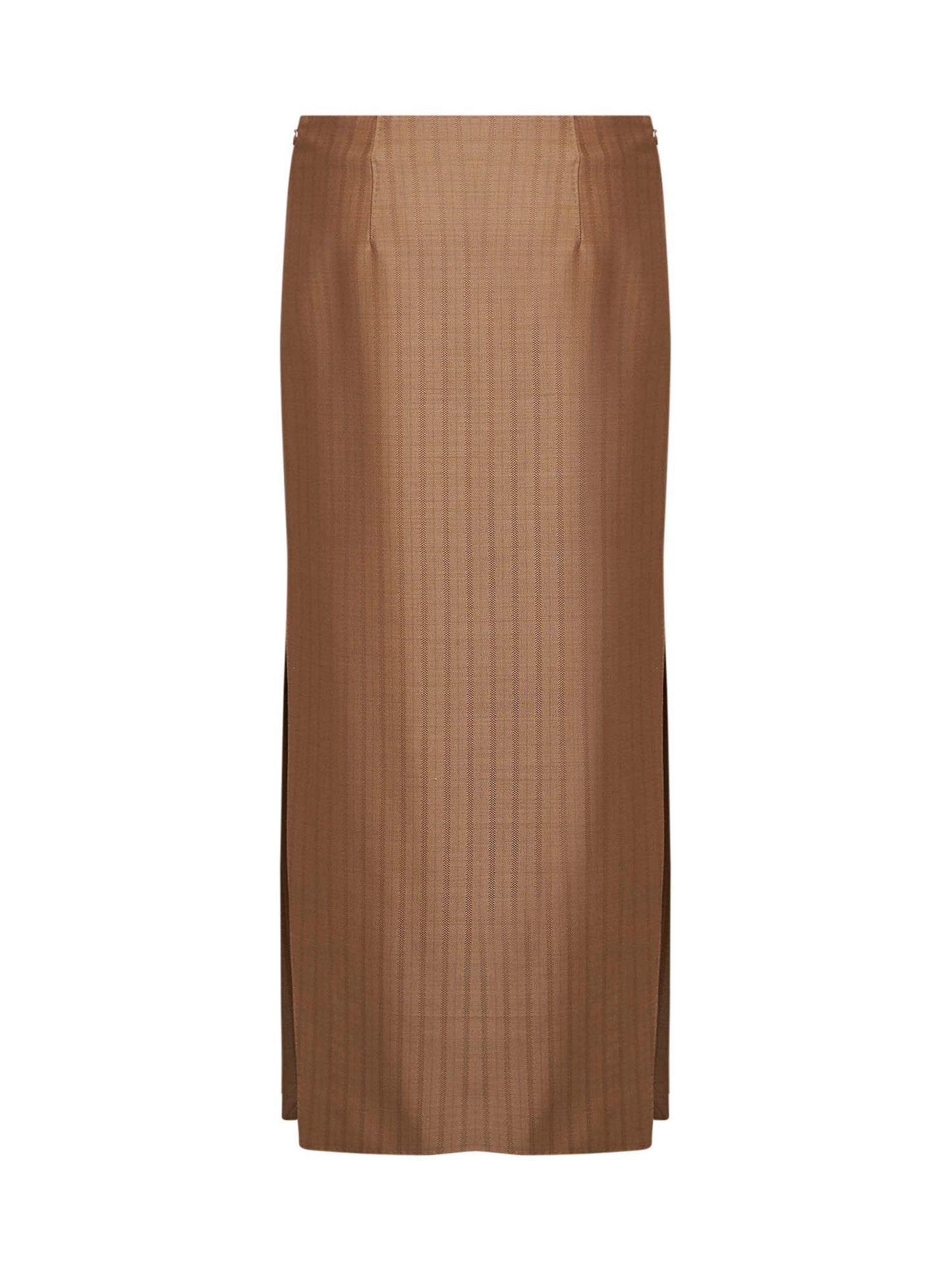 Camel striped wool jacquard straight midi skirt