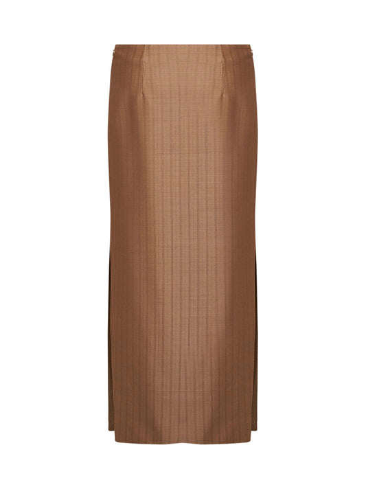 Camel striped wool jacquard straight midi skirt