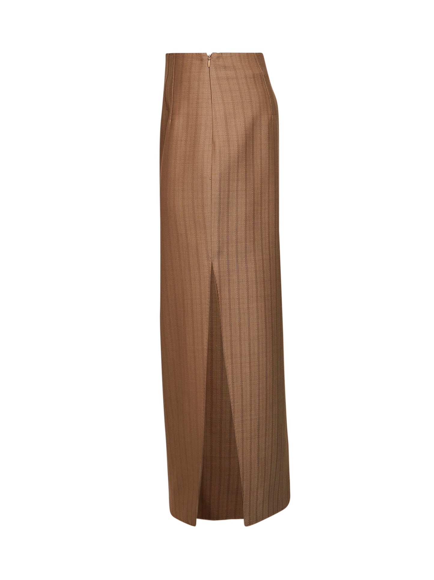 Camel striped wool jacquard straight midi skirt