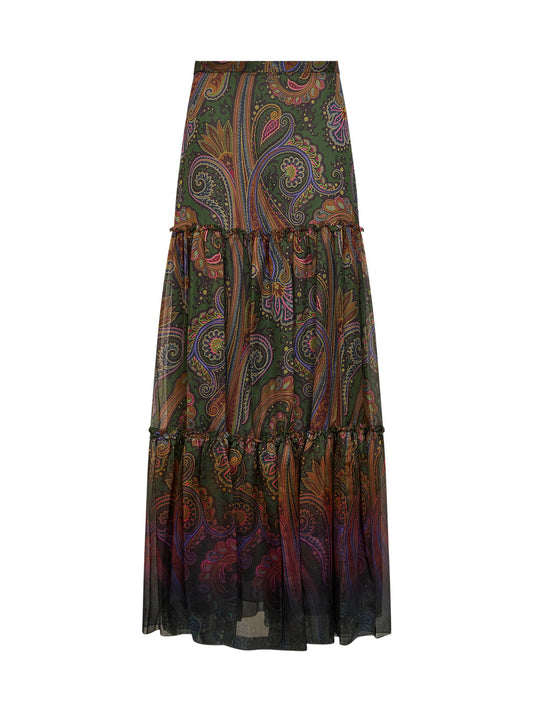 Green Paisley-printed silk chiffon tiered maxi skirt