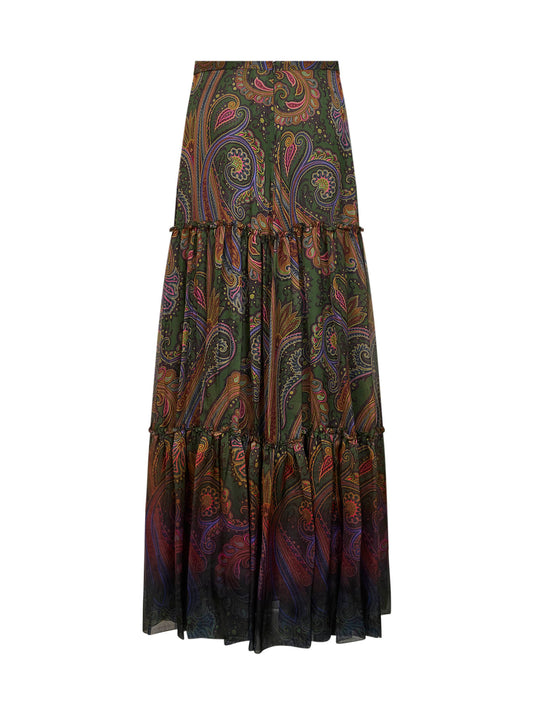 Green Paisley-printed silk chiffon tiered maxi skirt