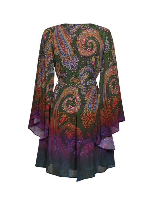 Miniabito con cintura in crêpe de Chine verde stampa Paisley