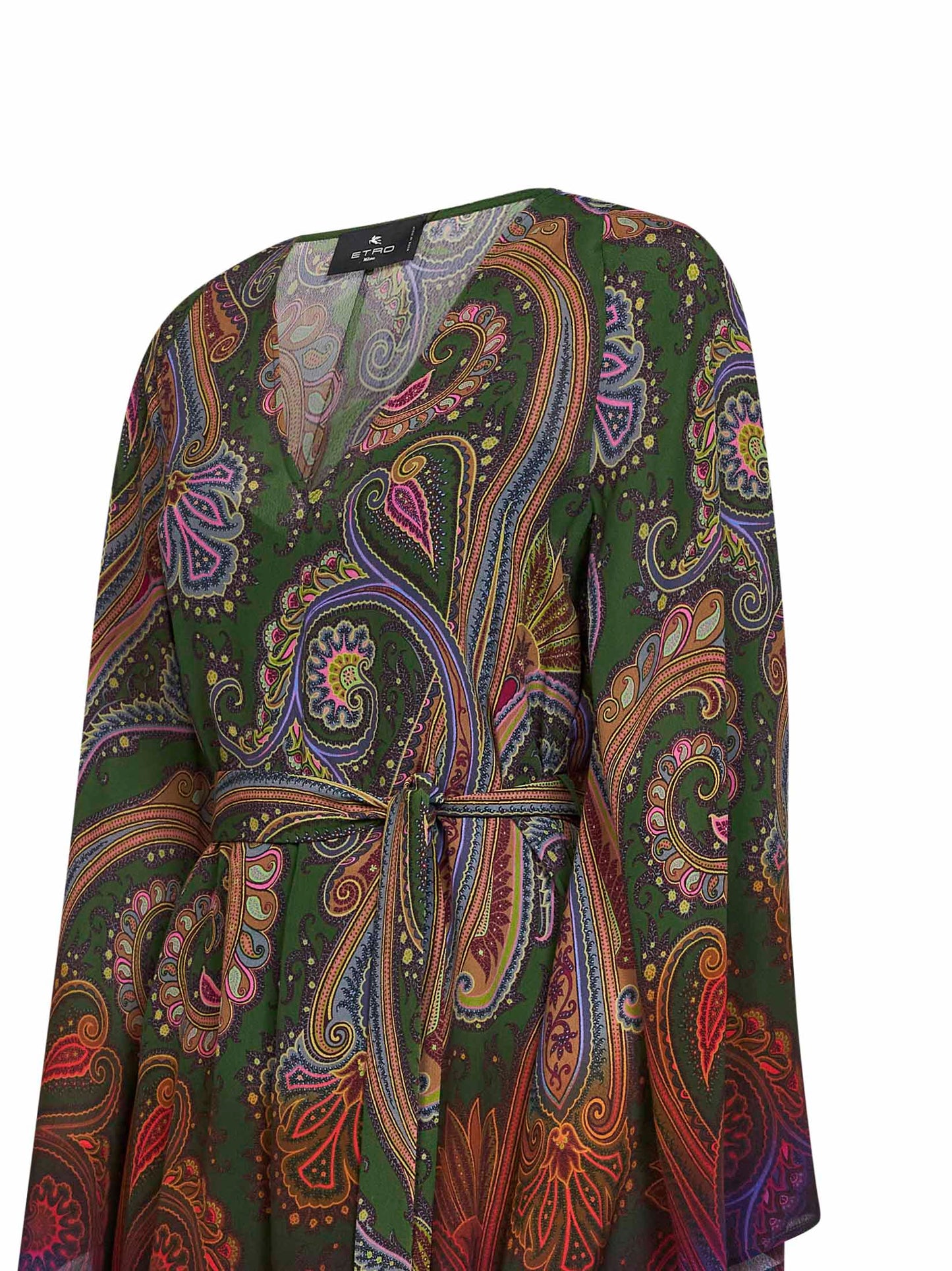 Miniabito con cintura in crêpe de Chine verde stampa Paisley