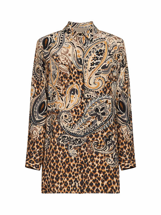 Beige printed silk long shirt