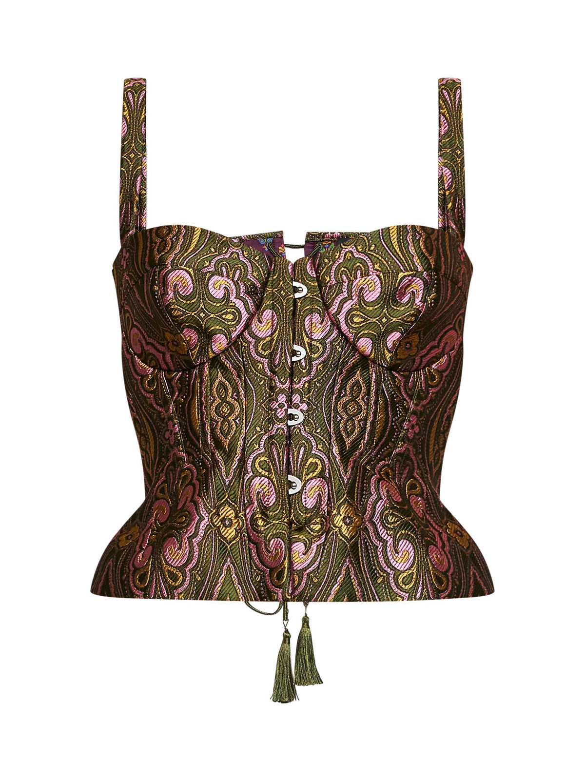 Green jacquard corset top with floral medallion pattern