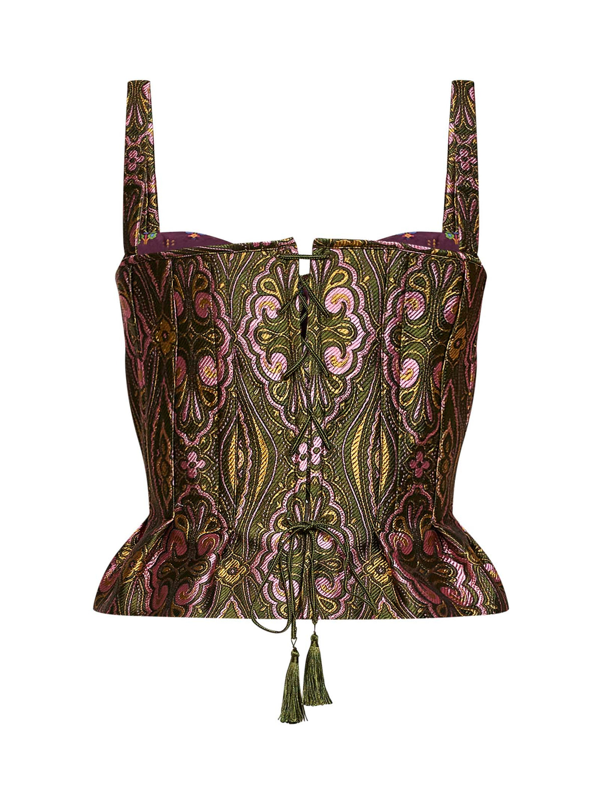Green jacquard corset top with floral medallion pattern