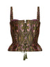 Green jacquard corset top with floral medallion pattern
