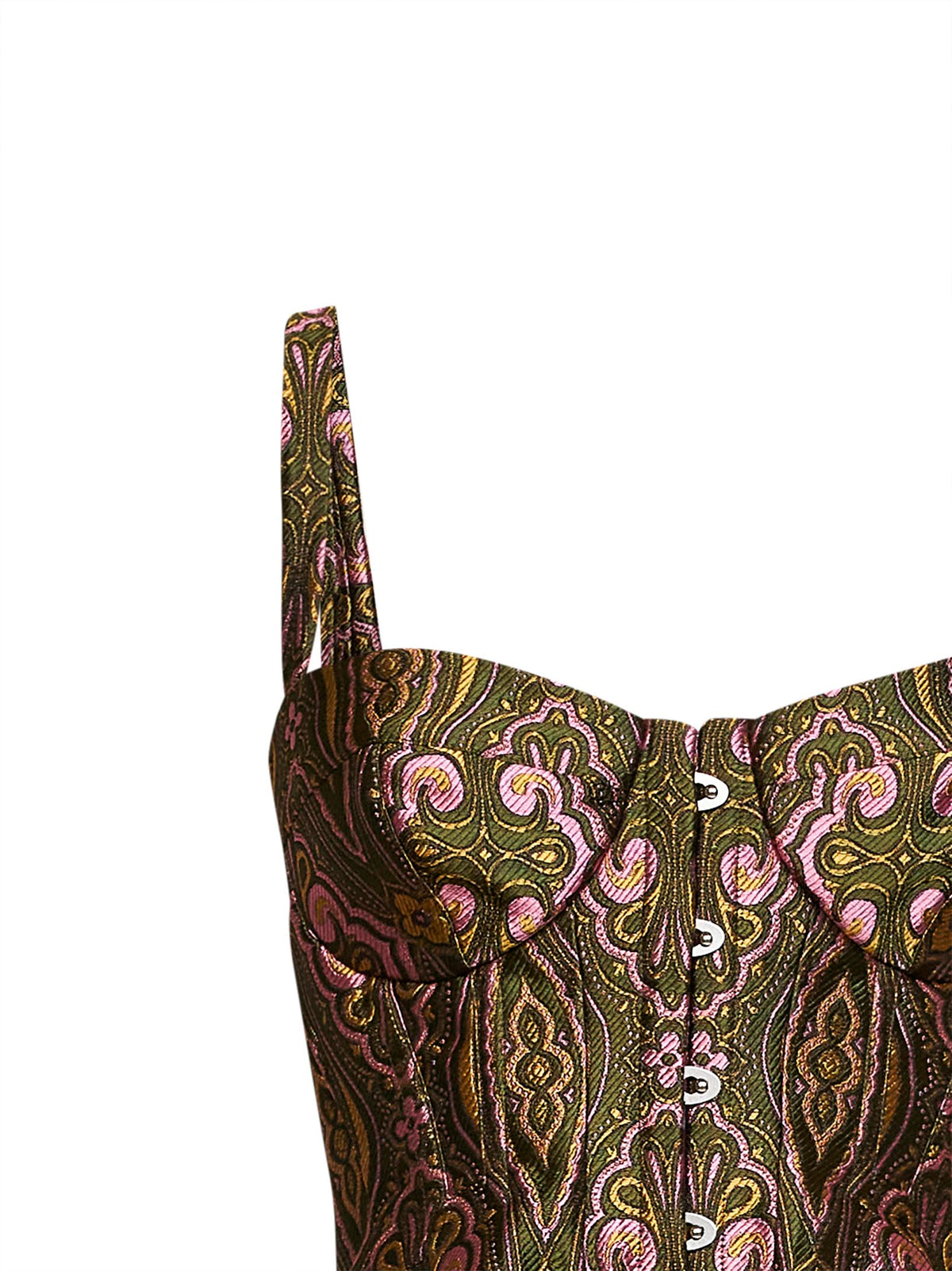 Green jacquard corset top with floral medallion pattern