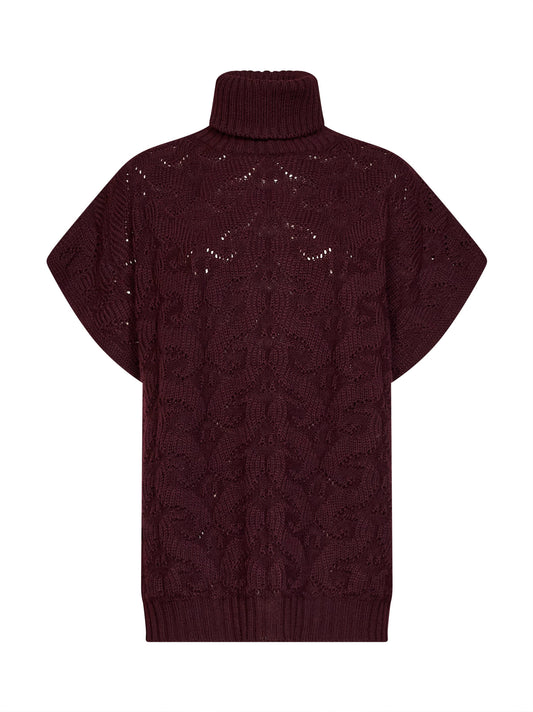 Burgundy Paisley-pattern stitch knit turtleneck sweater
