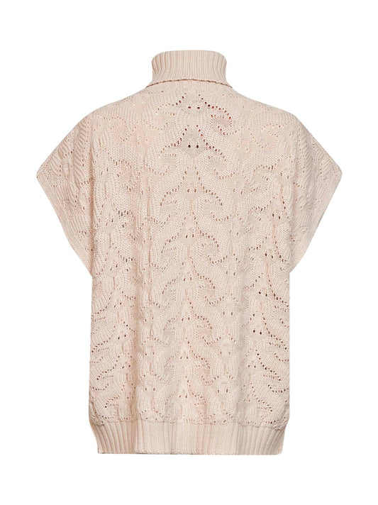 Cream Paisley-pattern stitch knit turtleneck sweater