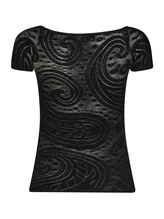 Black Paisley jacquard knit off-the-shoulder top
