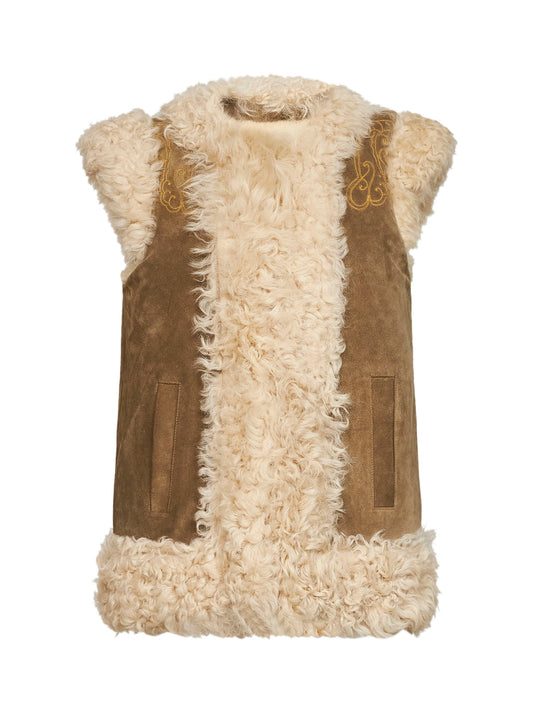 Camel shearling vest with peacock embroidery