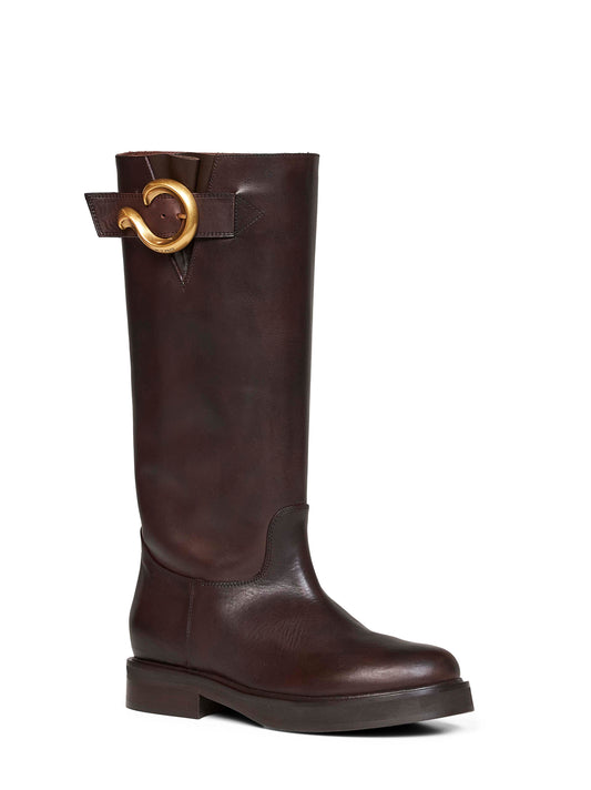 Brown leather high boots with Paisley buckle
