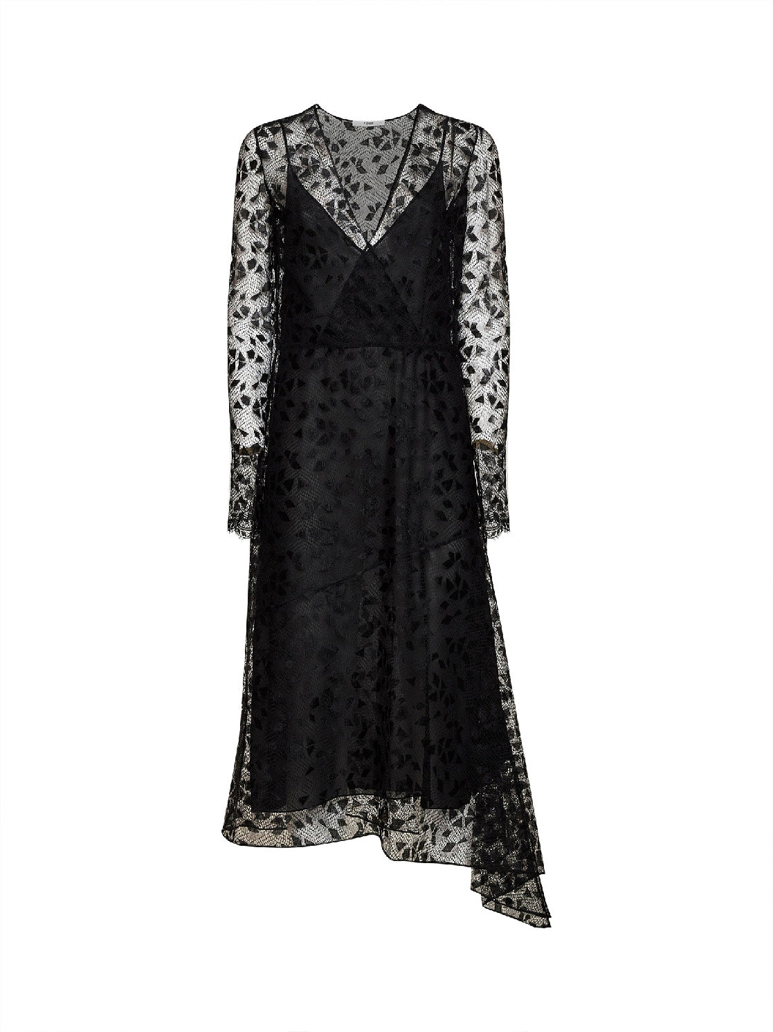 Black Cuneo lace asymmetric midi dress