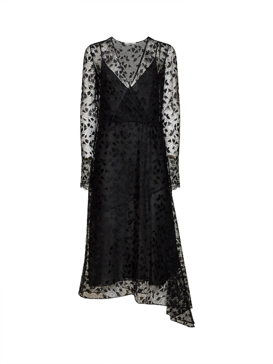 Black Cuneo lace asymmetric midi dress