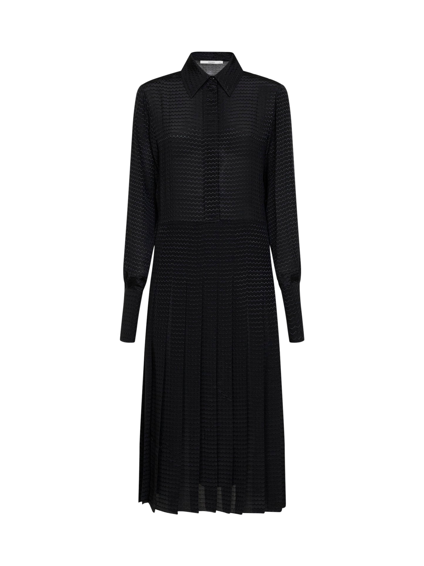 Abito midi in seta jacquard plissé a zig zag in nero