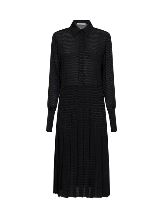 Black zigzag pleated jacquard silk midi dress