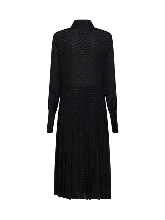 Black zigzag pleated jacquard silk midi dress