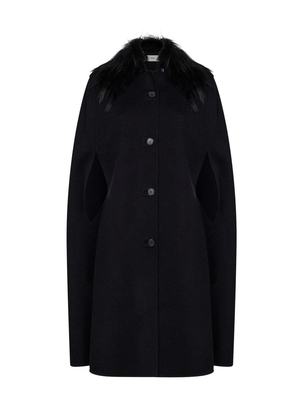 Black double-sided wool-blend cape with fox fur collar
