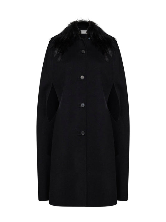 Black double-sided wool-blend cape with fox fur collar