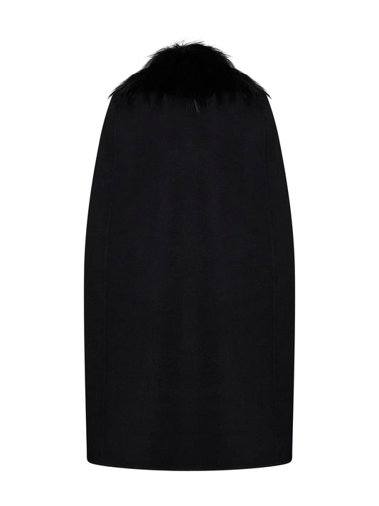 Black double-sided wool-blend cape with fox fur collar