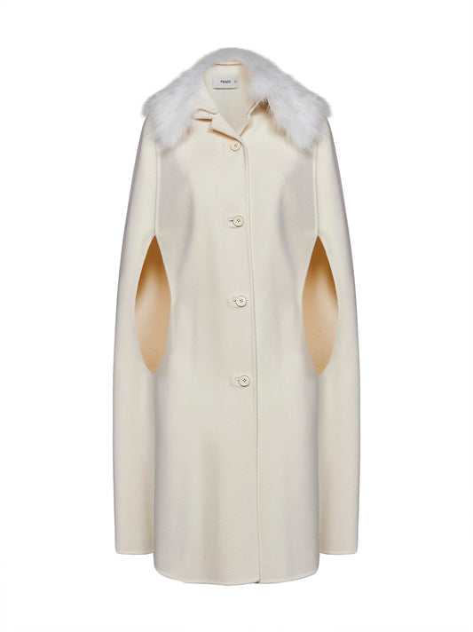 Ivory double-sided wool-blend cape with fox fur collar
