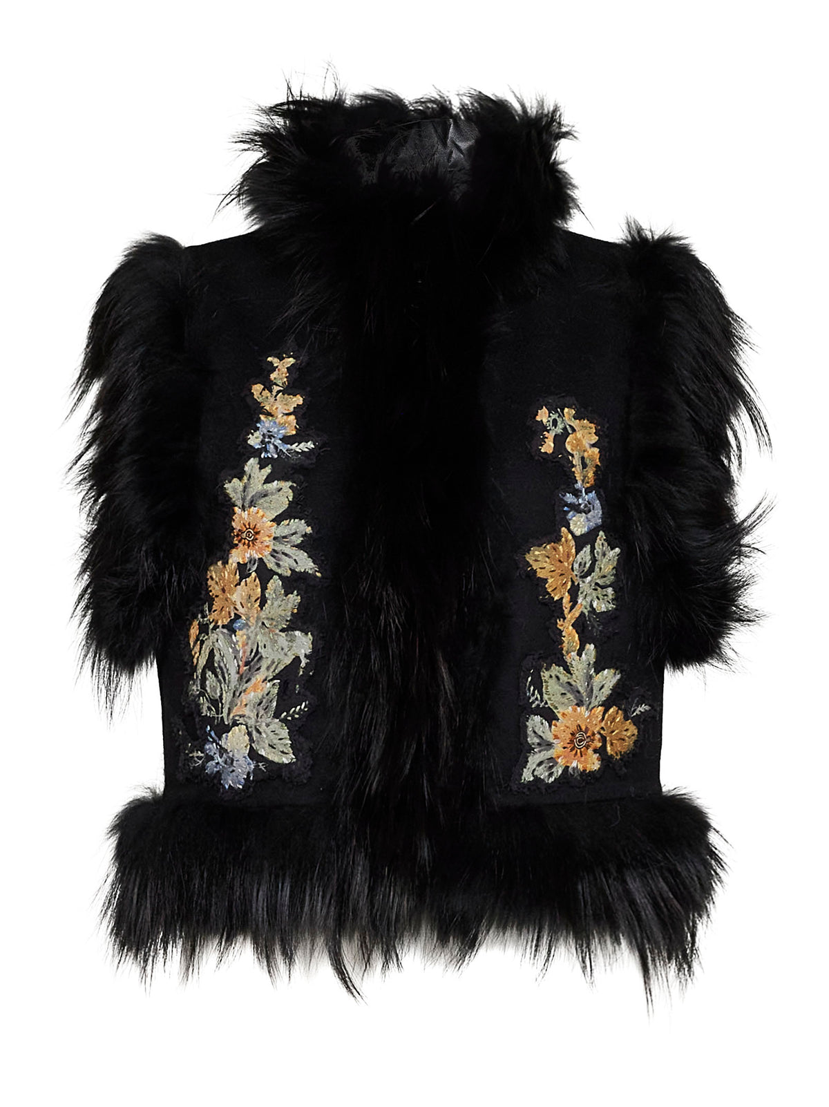 Black wool vest with embroidery and fox fur trims