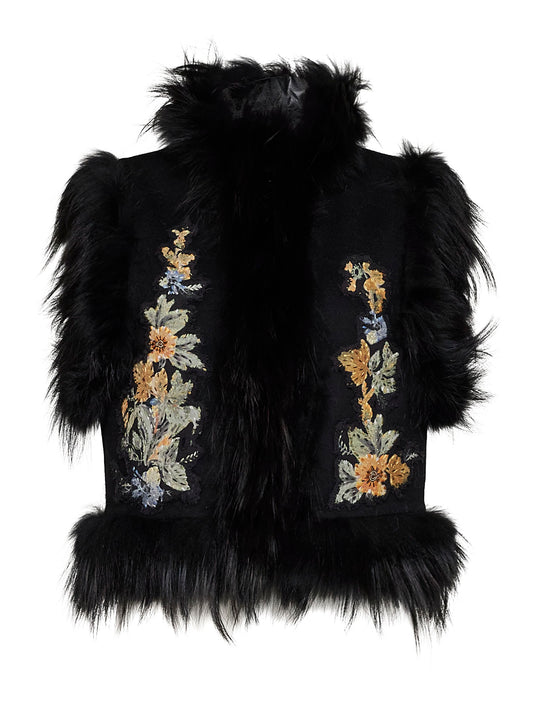 Black wool vest with embroidery and fox fur trims