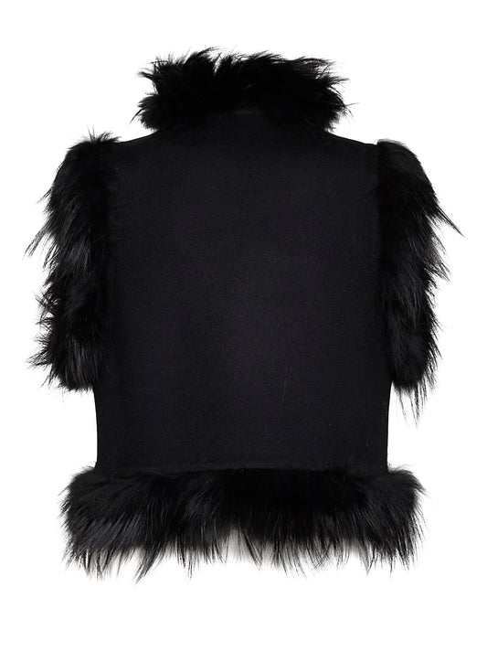 Black wool vest with embroidery and fox fur trims