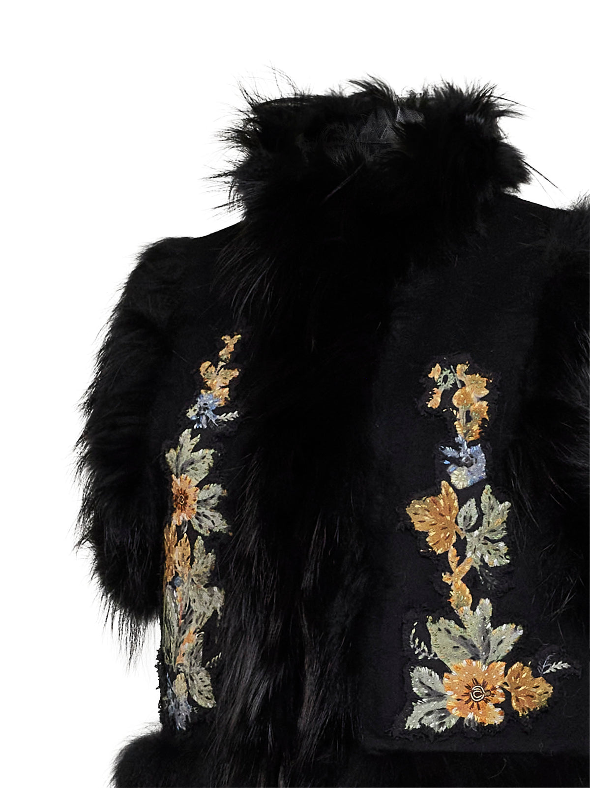 Black wool vest with embroidery and fox fur trims