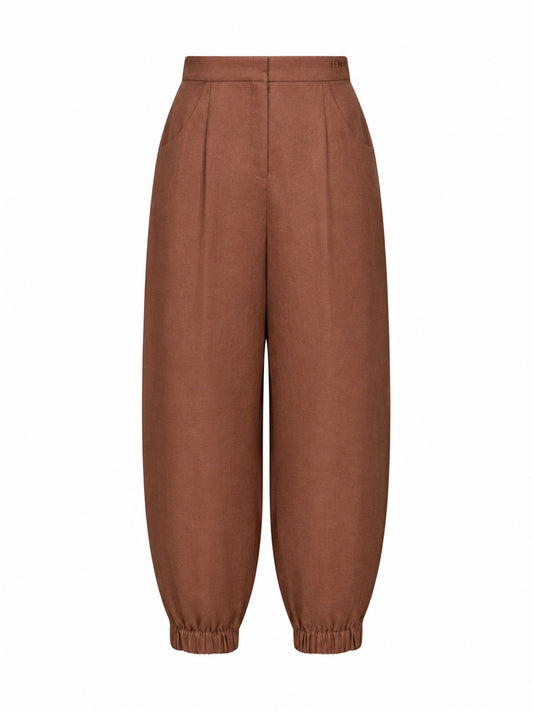 Brown linen and cotton high-rise balloon trousers