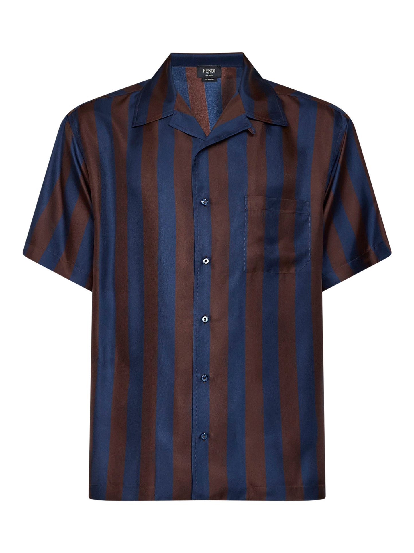 Brown and navy blue Pequin silk short-sleeved shirt