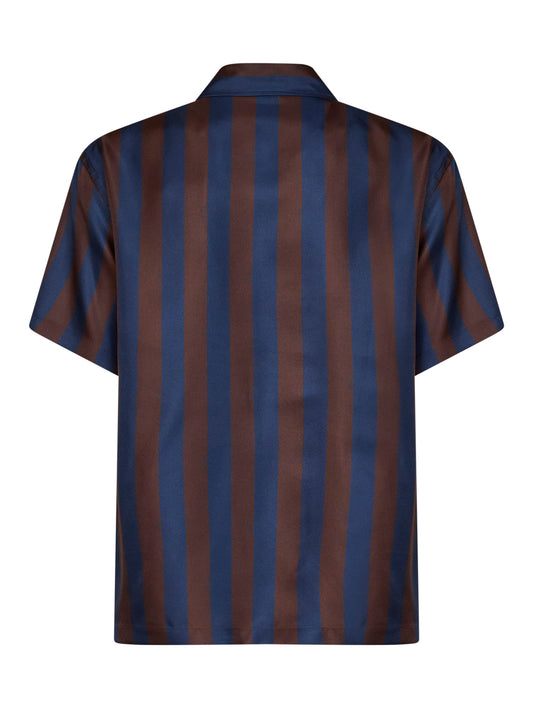 Brown and navy blue Pequin silk short-sleeved shirt