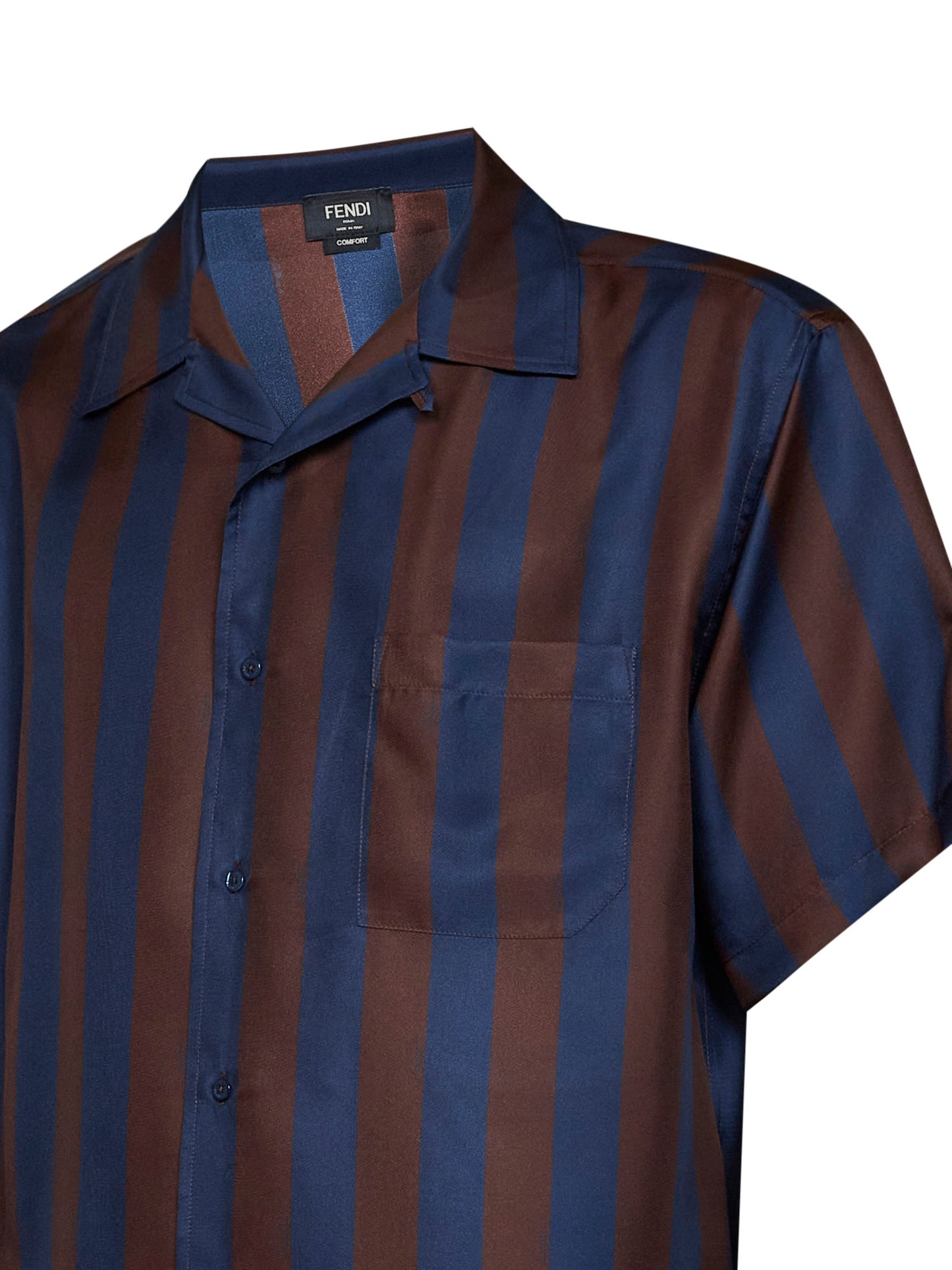 Brown and navy blue Pequin silk short-sleeved shirt