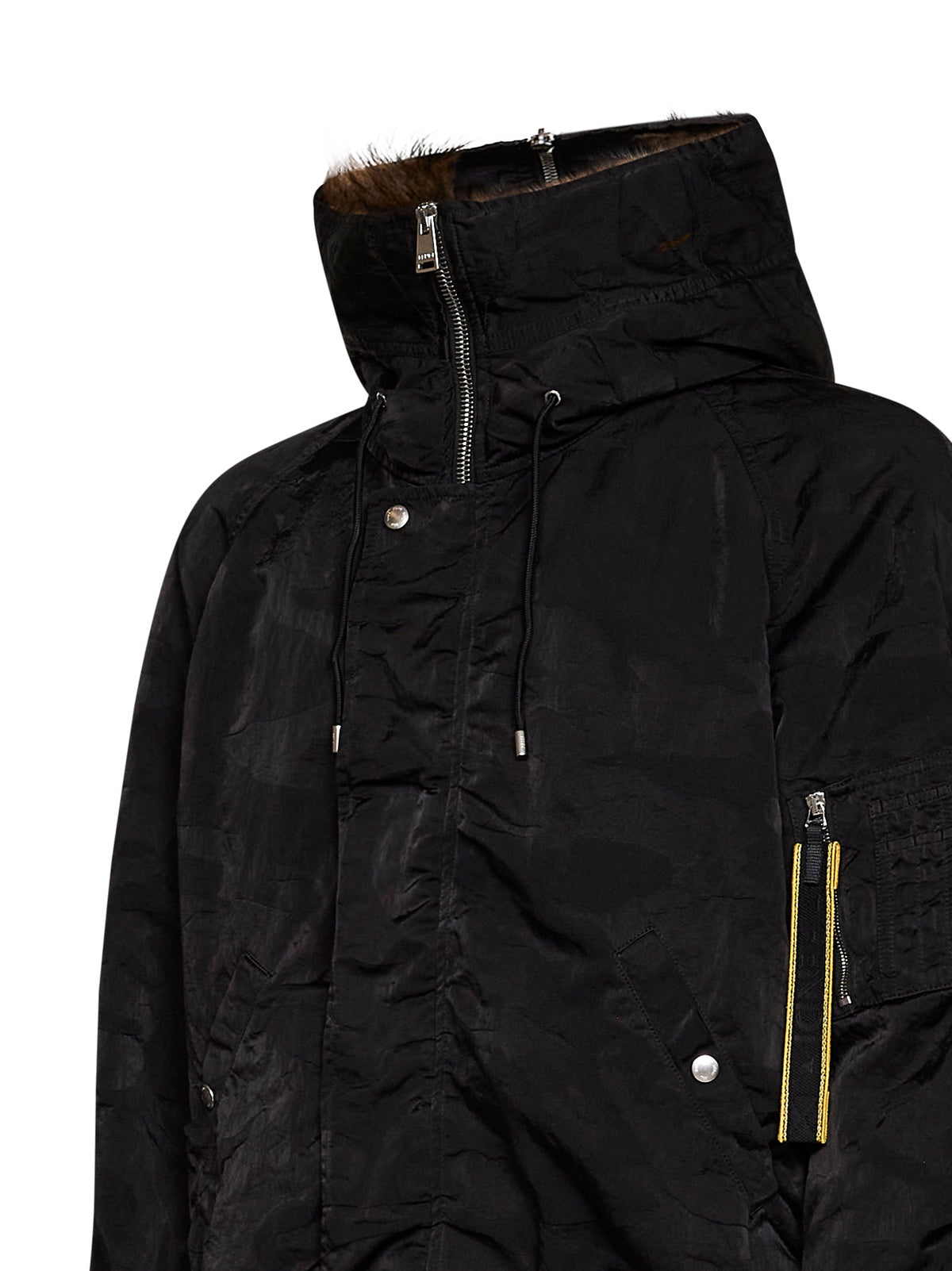 Bomber con cappuccio in nylon patchwork nero