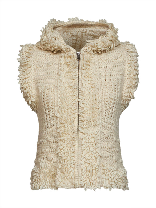 Ivory shearling-effect knit zip-up hooded vest