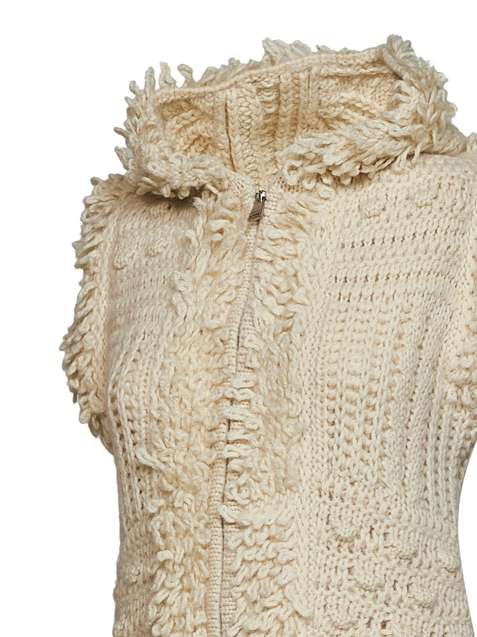 Gilet con zip e cappuccio in maglia effetto shearling avorio