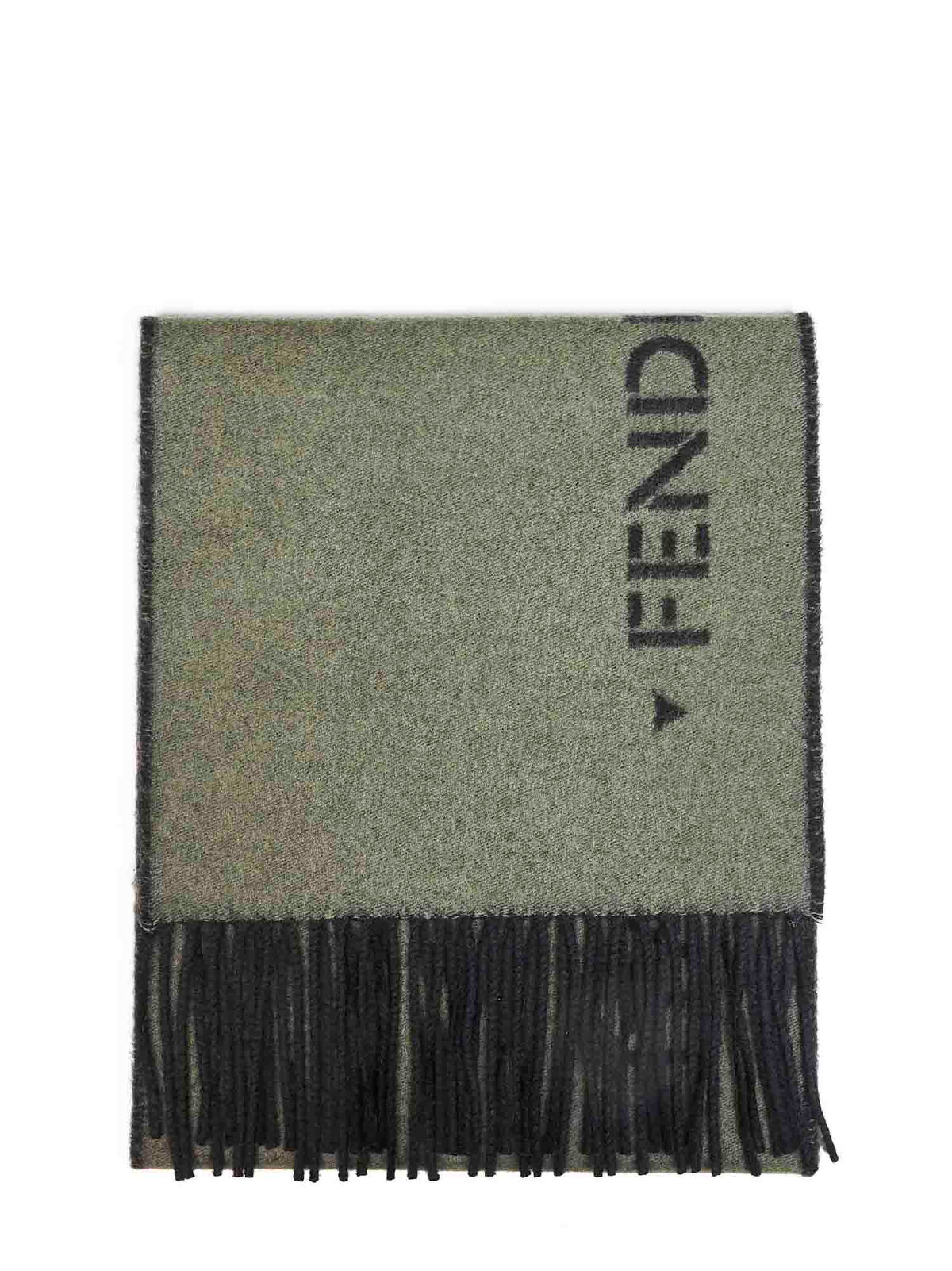 Sciarpa double face in lana e cashmere verde militare<BR/>