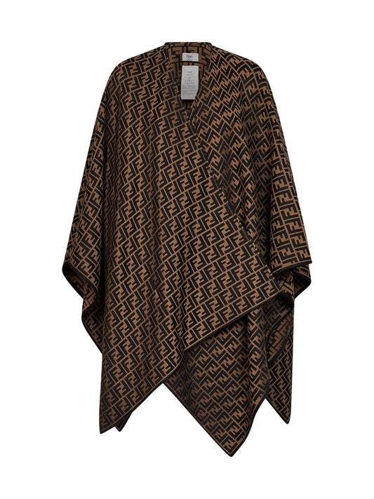 Poncho in lana e seta jacquard FF marrone
