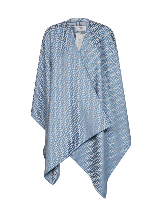 Poncho in lana e seta jacquard FF denim