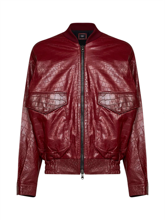 Burgundy crocodile-embossed leather bomber jacket