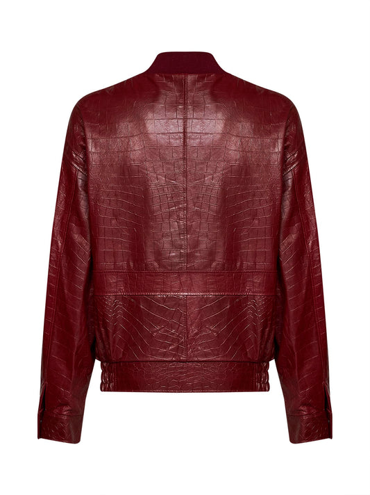 Burgundy crocodile-embossed leather bomber jacket