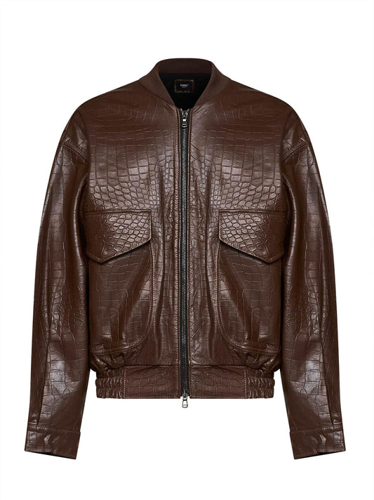 Coffee crocodile-embossed leather bomber jacket